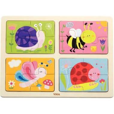 Planche de 4 puzzles, 4 pièces en bois, animaux du jardin - Ma Rentrée Facile