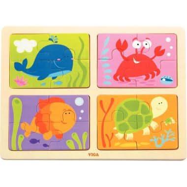 Planche de 4 puzzles, 4 pièces en bois, animaux marins - Ma Rentrée Facile