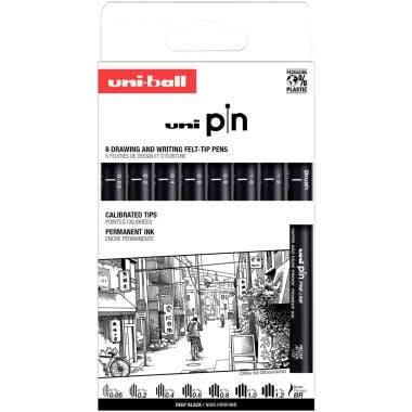 Pochette 8 feutres Uni Pin pointes assorties Plus Brush noir - Ma Rentrée Facile