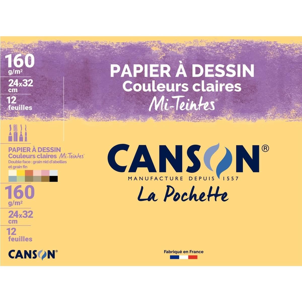 Pochette de 12 feuilles à dessin mi-teintes 160 g, format 24X32 cm couleurs claires CANSON. - Ma Rentrée Facile