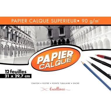 Pochette de 12 feuilles papier calque uni, 90g, 21x29,7 cm EXCELLENCE - Ma Rentrée Facile
