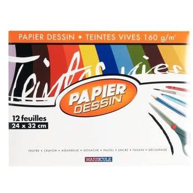 Pochette de 12 feuilles papier dessin 160g couleur format 24x32 cm teintes vives assorties - Ma Rentrée Facile