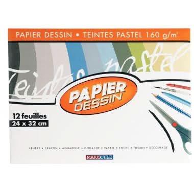 Pochette de 12 feuilles papier dessin 24x32 cm 160 g teintes pastels assorties et noir - Ma Rentrée Facile