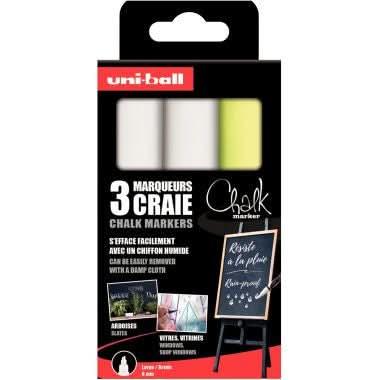 Pochette de 3 marqueurs craie Chalk pointe biseauté 8mm assortis blanc et jaune fluo - Ma Rentrée Facile