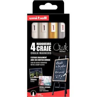 Pochette de 4 marqueurs craie Chalk pointe biseauté 8mm blanc, argent et or - Ma Rentrée Facile