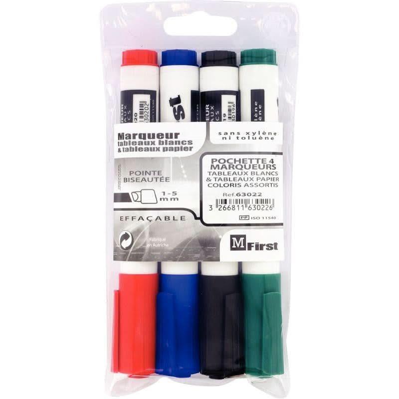 Pochette de 4 marqueurs effaçable à sec MFirst pointe biseautée 1 à 5mm assortis - Ma Rentrée Facile