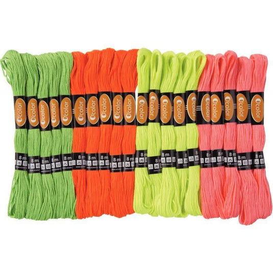 Sachet de 20 échevettes fluo pour bracelets brésiliens, 8m, 4 couleurs - Ma Rentrée Facile