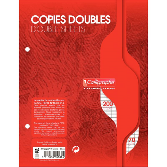 50 copies doubles (200 pages perforées) format 17x22 cm séyès 70g blanc, Calligraphe