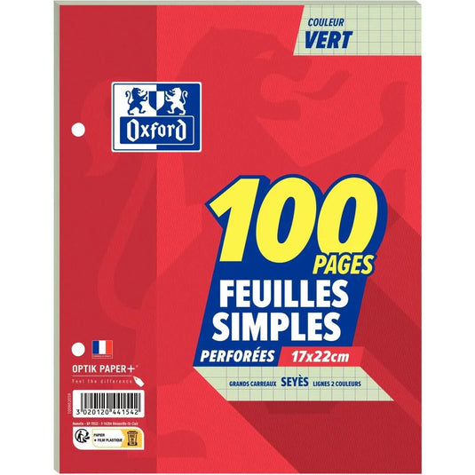 50 feuillets mobiles (100 pages),17x22 cm, Séyès 80g vert - Ma Rentrée Facile
