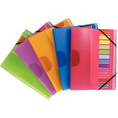 Trieur 12 compartiments en polypropylène Color Fresh 3 rabats + élastiques, coloris aléatoires