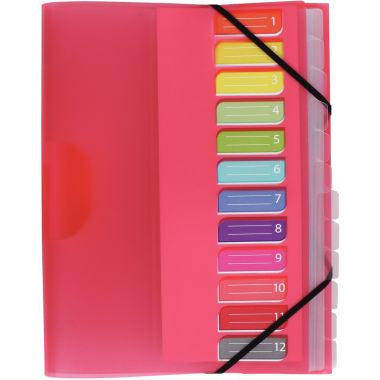 Trieur 12 compartiments en polypropylène Color Fresh 3 rabats + élastiques, coloris aléatoires