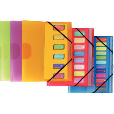 Trieur 12 compartiments en polypropylène Color Fresh 3 rabats + élastiques, coloris aléatoires