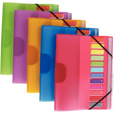 Trieur 12 compartiments en polypropylène Color Fresh 3 rabats + élastiques, coloris aléatoires